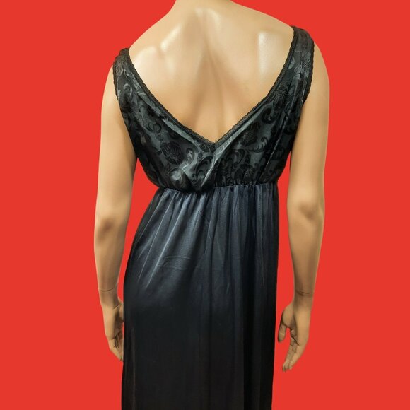 Vintage 70s 80s Black Nightgown Full Length Deep V Neck Sleeveless Size M - Picture 4 of 6